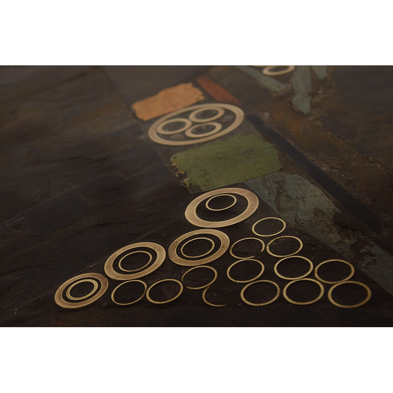 Brutalist coffee table in stone and brass by Paul Kingma - 1970s