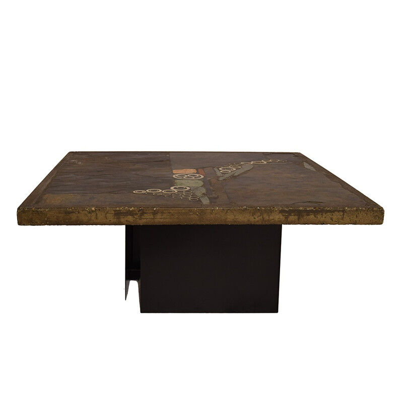 Brutalist coffee table in stone and brass by Paul Kingma - 1970s