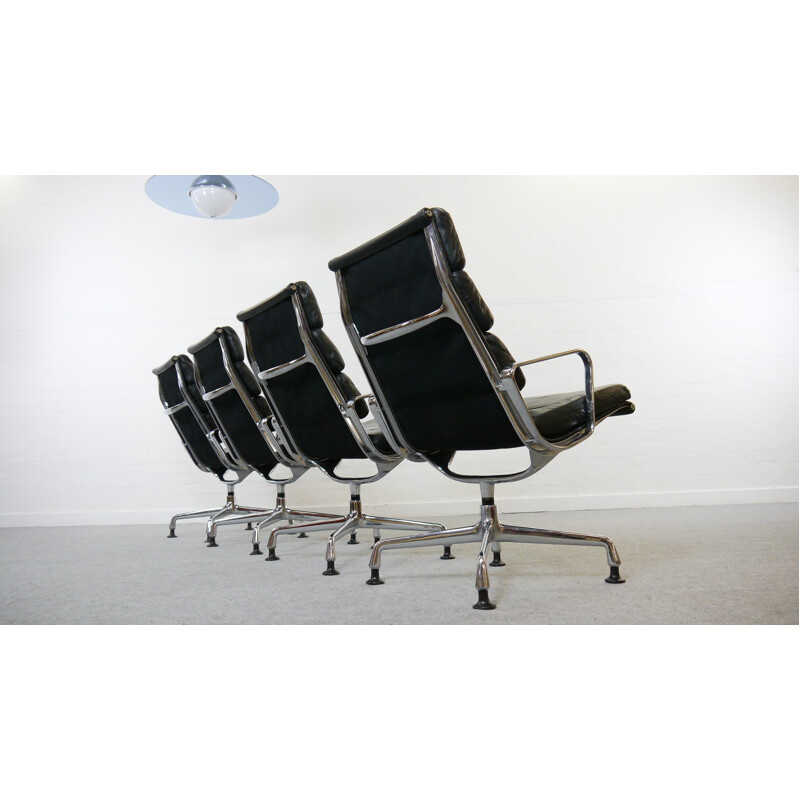 4 softpad armchairs EA 216 in black leather by Charles Eames for Herman Miller - 1950s