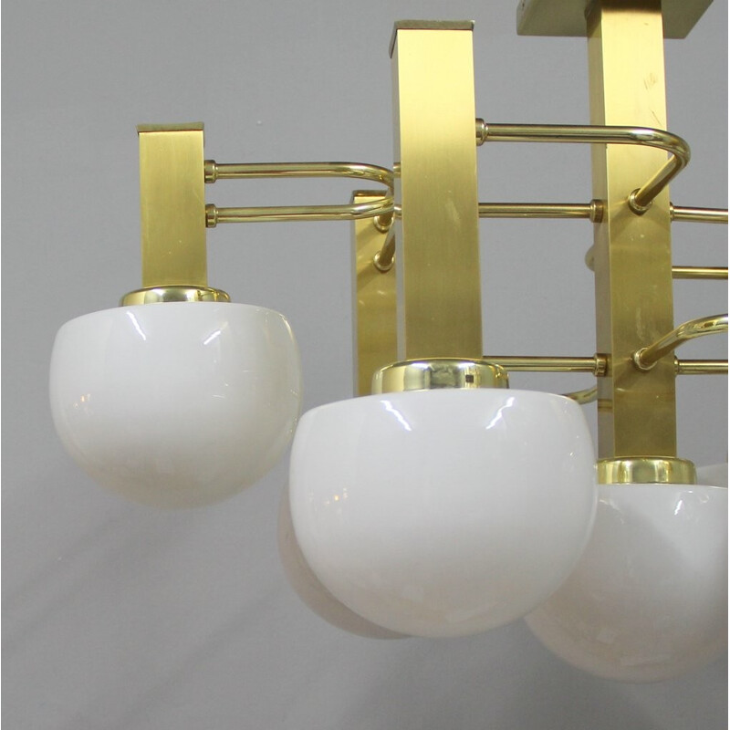 Vintage 7 opaline glass and brass chandelier, Italy - 1970s