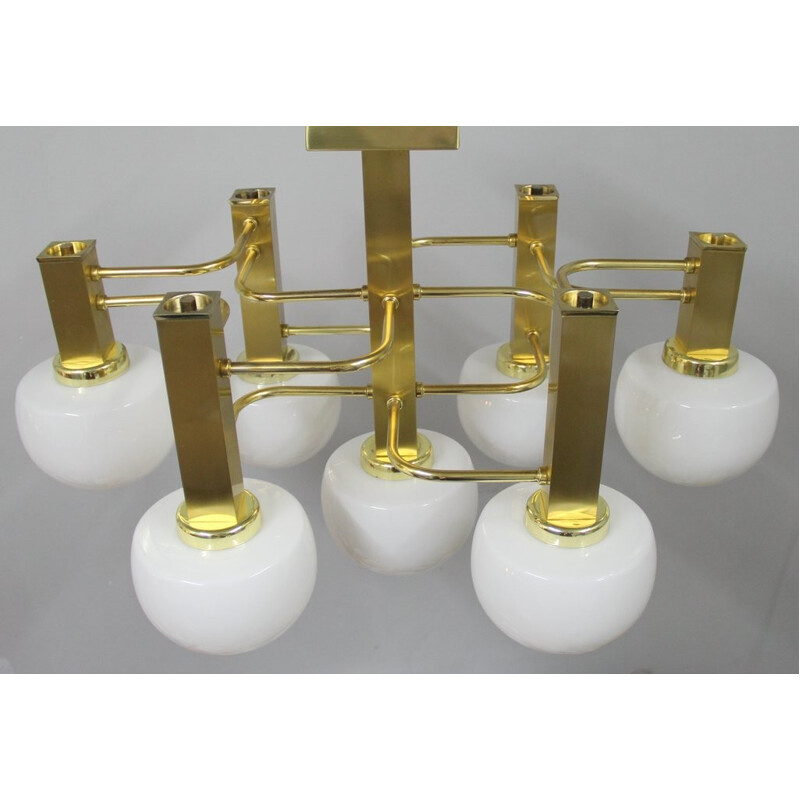 Vintage 7 opaline glass and brass chandelier, Italy - 1970s