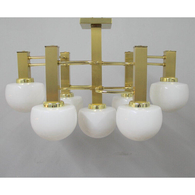 Vintage 7 opaline glass and brass chandelier, Italy - 1970s