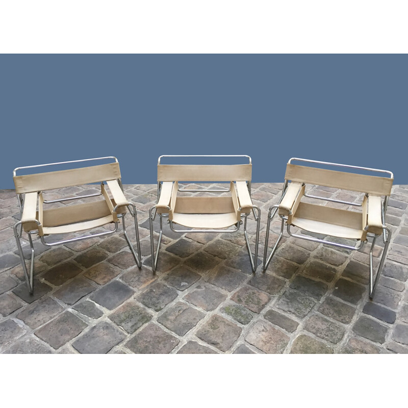 Set of 3 armchairs "Wassily" in chrome and beige fabric, Marcel BREUER - 1970s