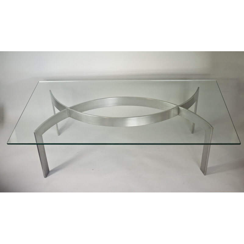 Vintage brushed metal and glass tile coffee table by Paul Legeard - 1970s