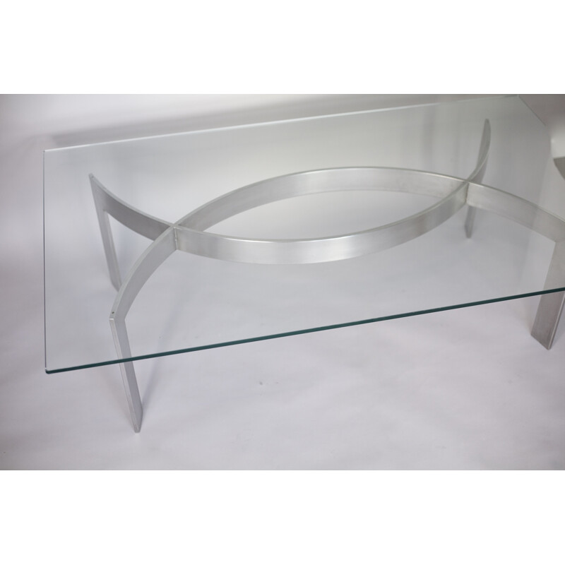 Vintage brushed metal and glass tile coffee table by Paul Legeard - 1970s