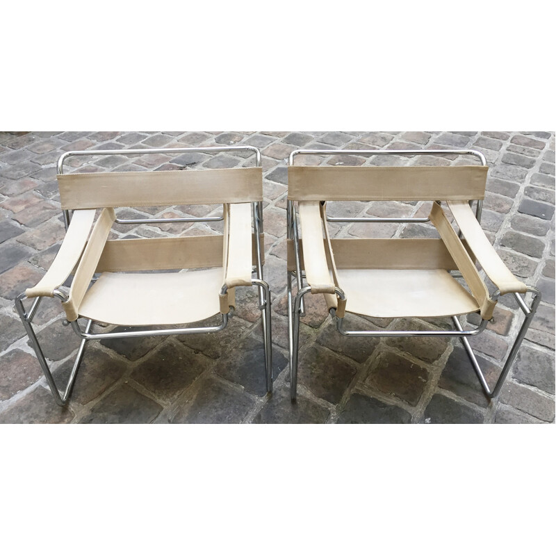 Set of 3 armchairs "Wassily" in chrome and beige fabric, Marcel BREUER - 1970s