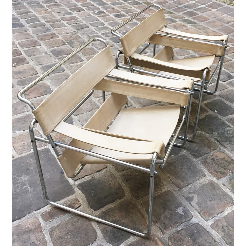 Set of 3 armchairs "Wassily" in chrome and beige fabric, Marcel BREUER - 1970s