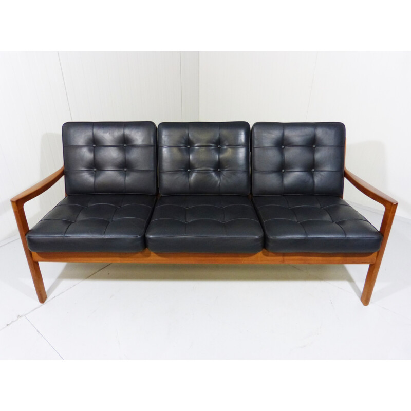 Lounge suite in teak and black leather, Ole WANCSHER - 1960s
