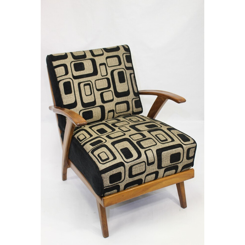 Vintage armchair in wood and geometric fabric - 1950s