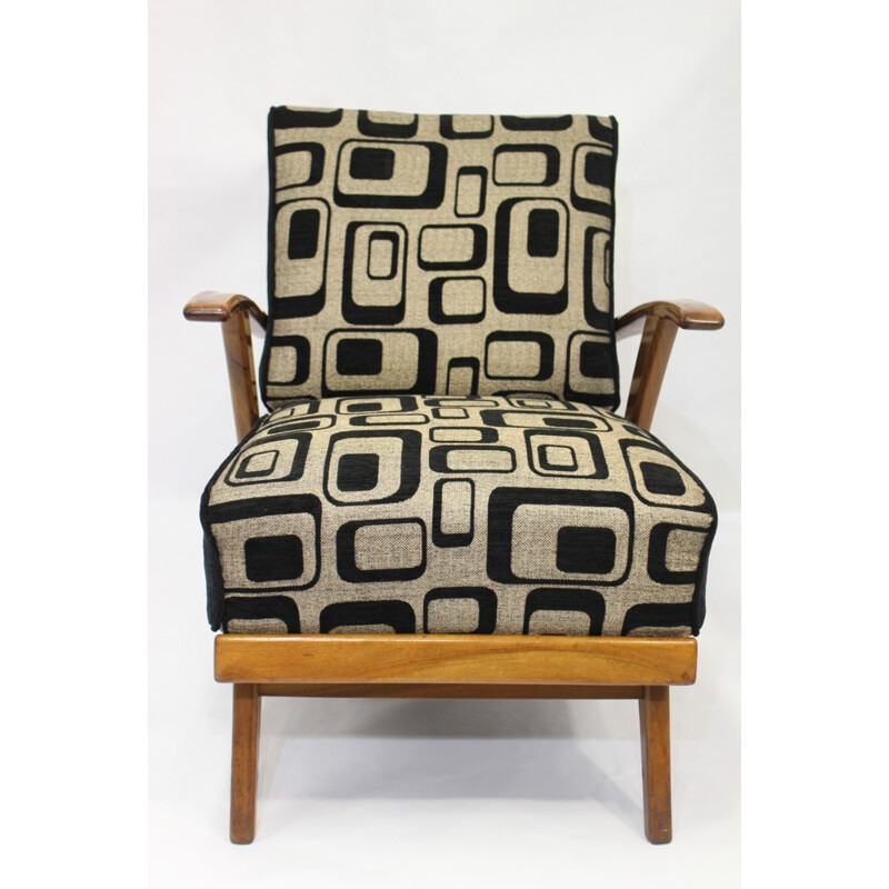 Fauteuil vintage en bois et tissu géométrique - 1950