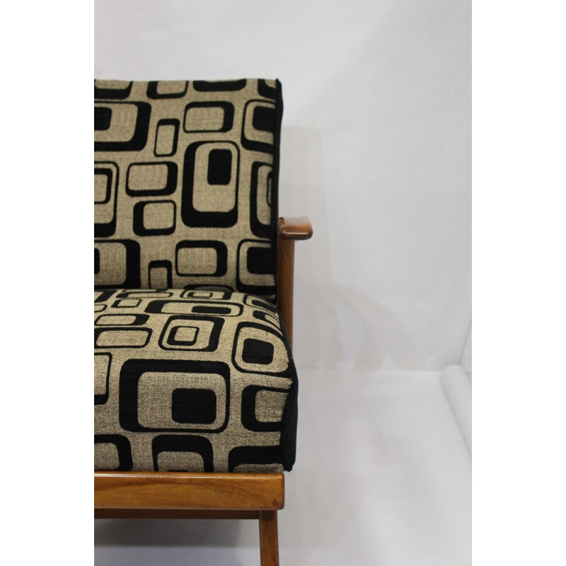 Vintage armchair in wood and geometric fabric - 1950s