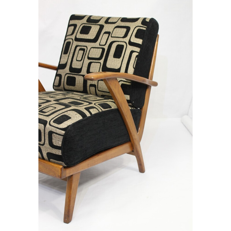 Vintage armchair in wood and geometric fabric - 1950s