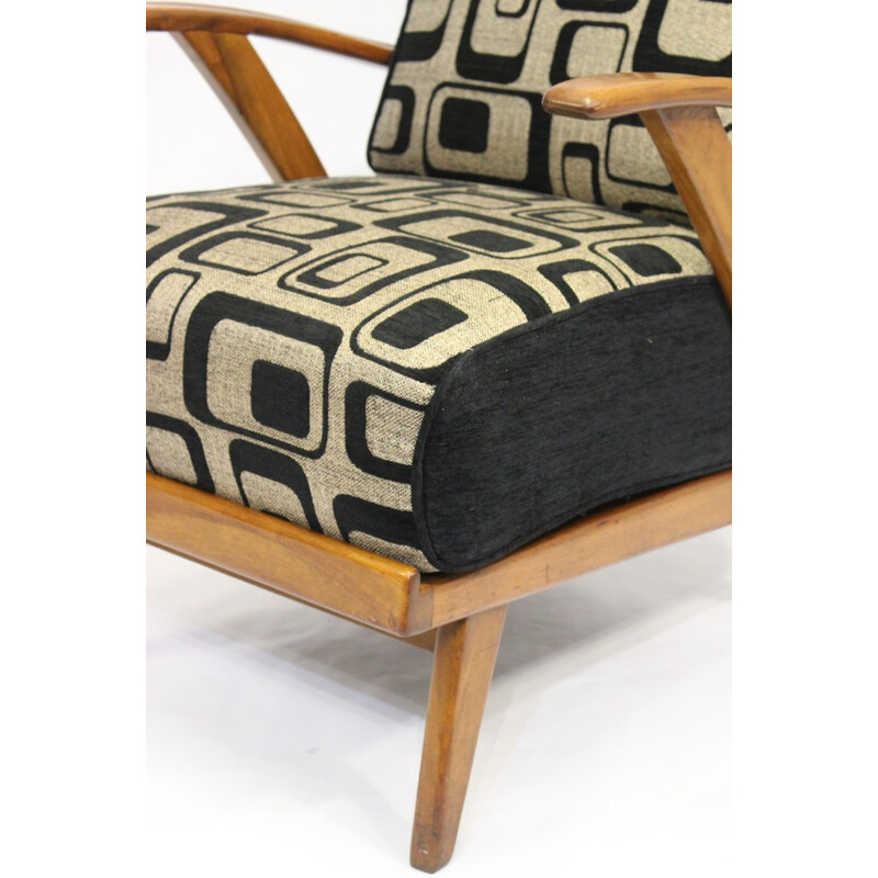 Fauteuil vintage en bois et tissu géométrique - 1950