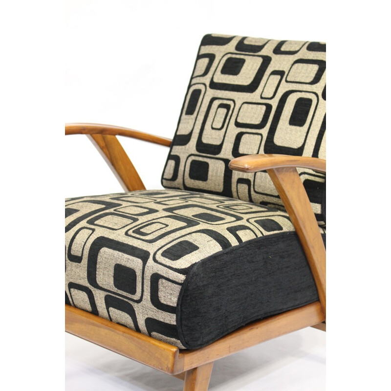 Vintage armchair in wood and geometric fabric - 1950s