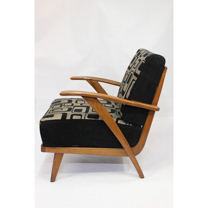 Vintage armchair in wood and geometric fabric - 1950s