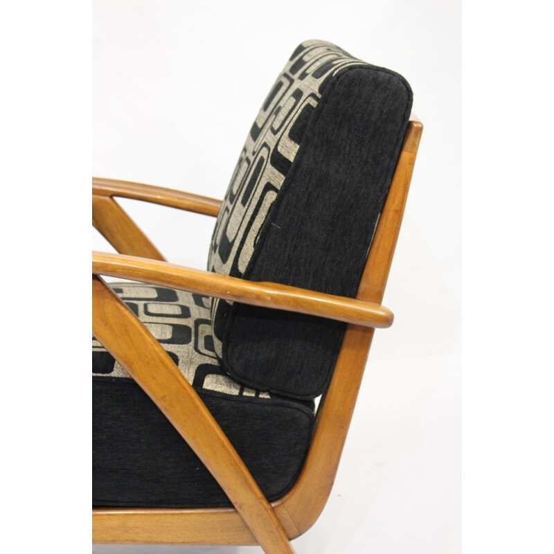 Vintage armchair in wood and geometric fabric - 1950s