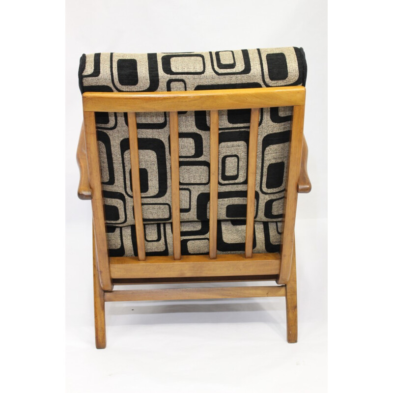Vintage armchair in wood and geometric fabric - 1950s