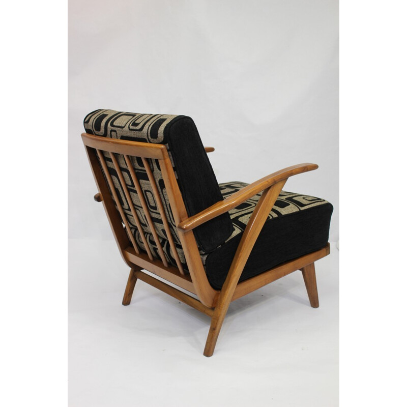 Fauteuil vintage en bois et tissu géométrique - 1950