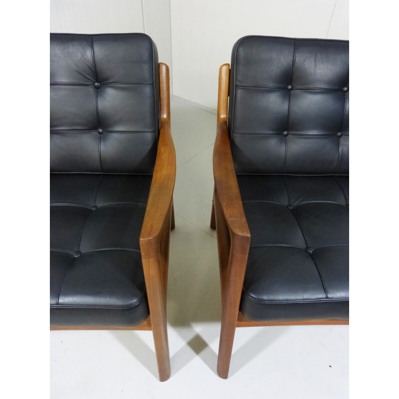 Lounge suite in teak and black leather, Ole WANCSHER - 1960s
