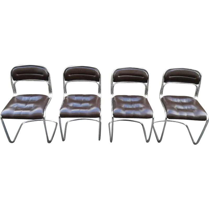 Suite de 4 chaises en métal chromé et skaï - 1970