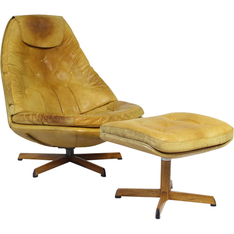 Vintage Leather Lounge Chair with Ottoman by Madsen & Schubell for Bovenkamp - 1970s
