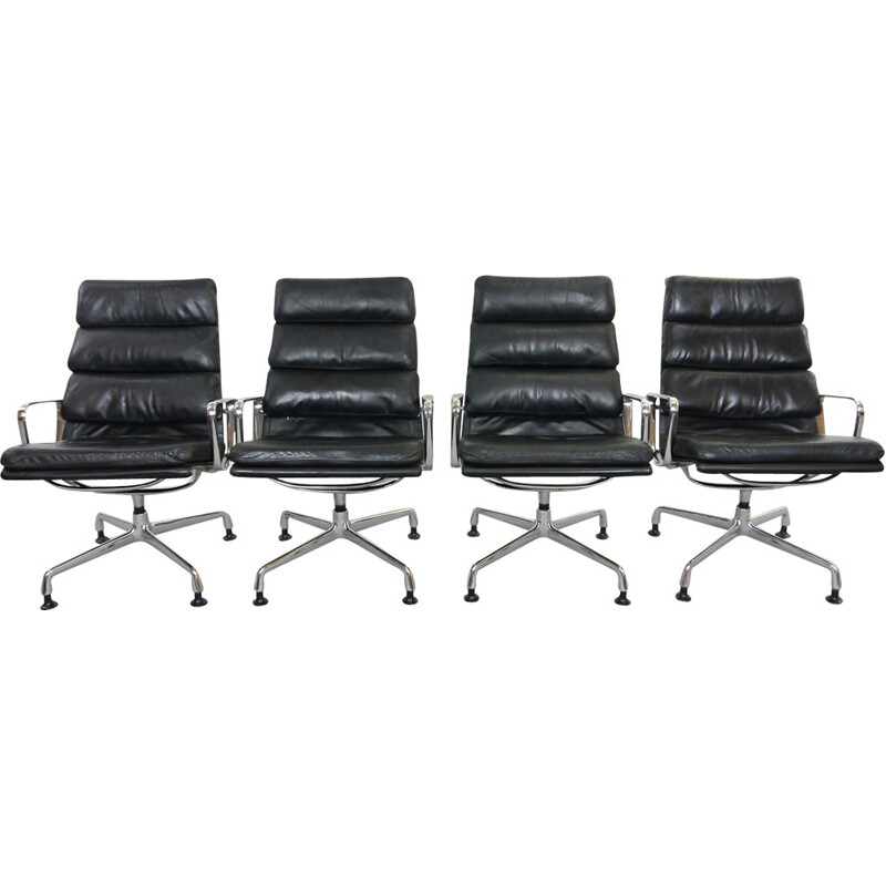 4 softpad armchairs EA 216 in black leather by Charles Eames for Herman Miller - 1950s