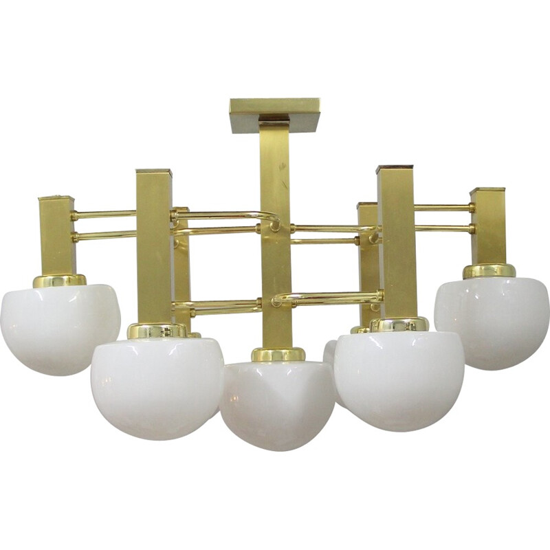 Vintage 7 opaline glass and brass chandelier, Italy - 1970s