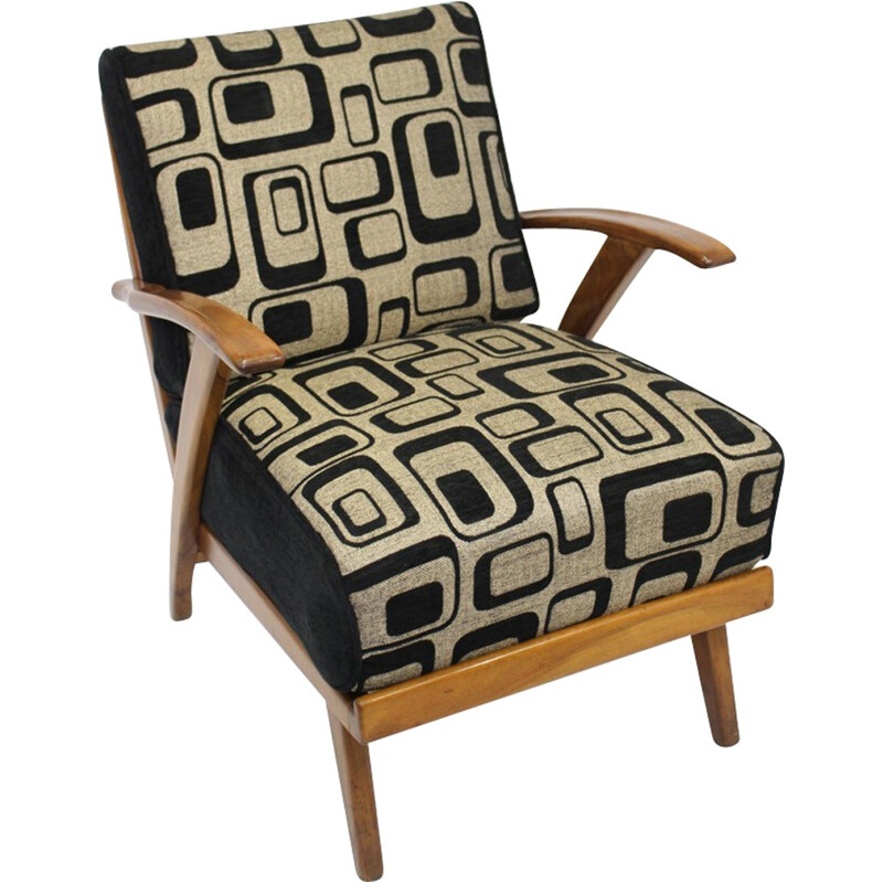 Vintage armchair in wood and geometric fabric - 1950s