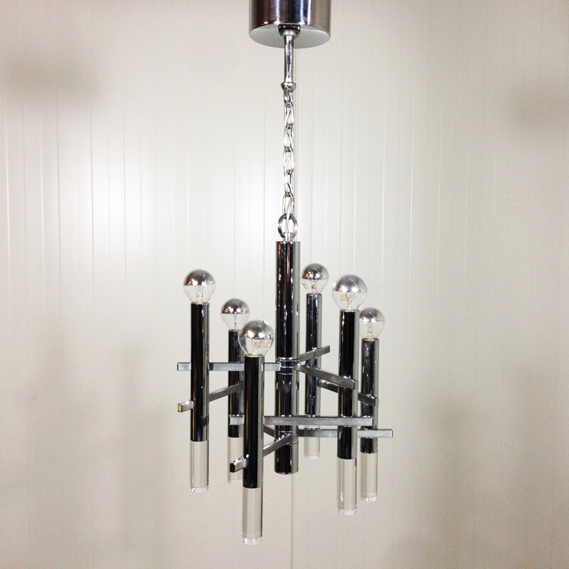 Italian hanging lamp in chrome and plexiglass, Gaetano SCIOLARI - 1970s