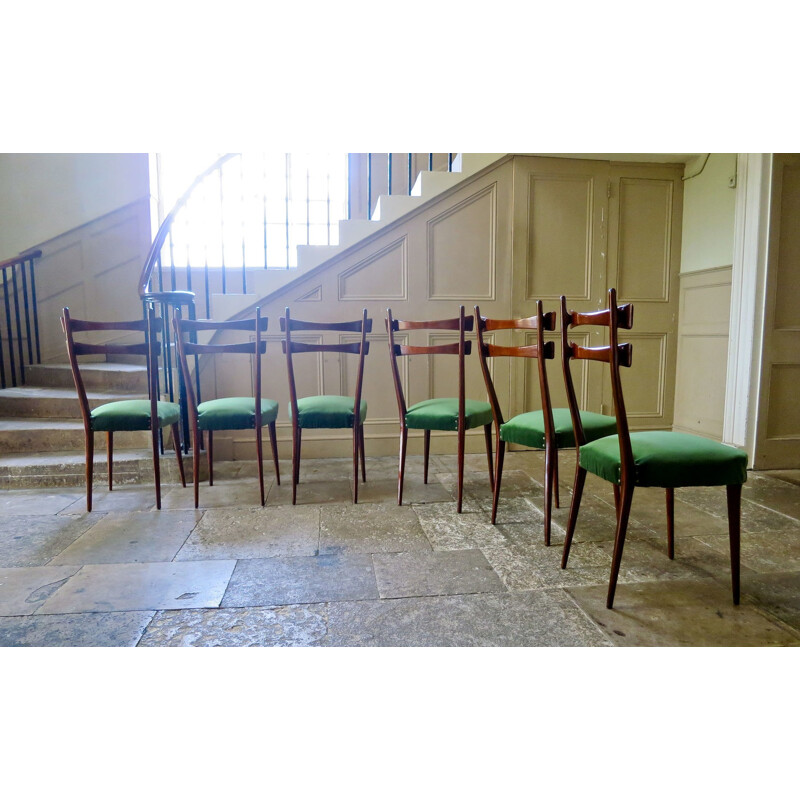 Suite de 6 chaises à repas vintage en velours - 1950