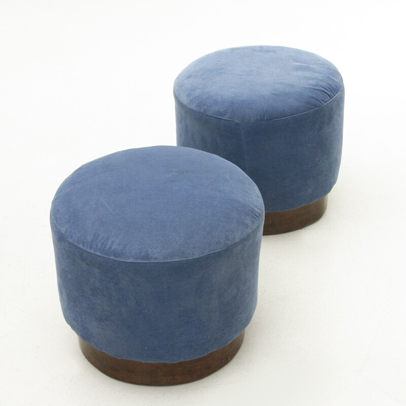 Set of 2 blue velvet ottomans - 1940s