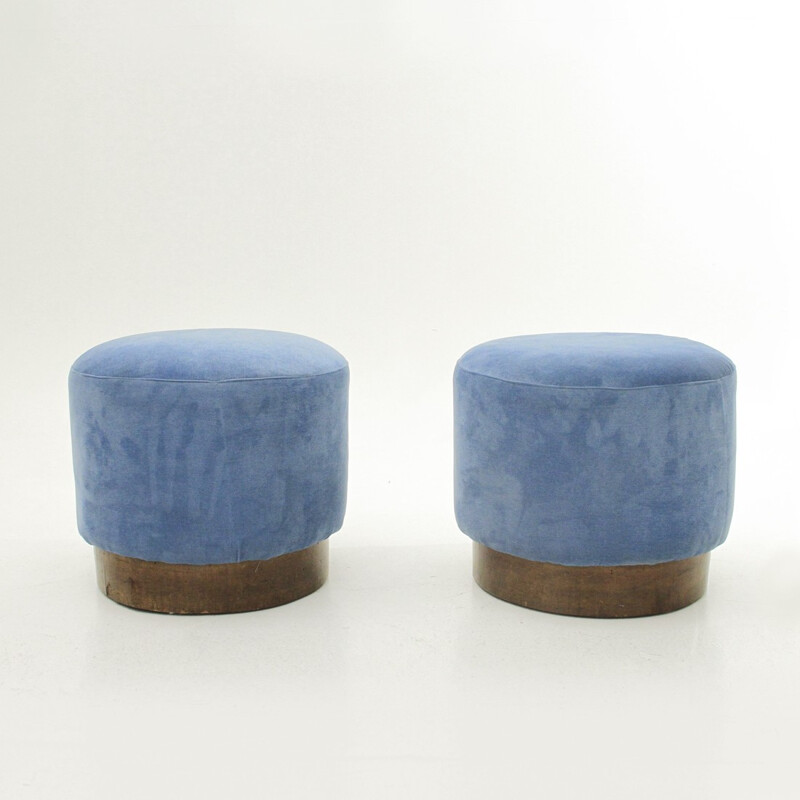 Set of 2 blue velvet ottomans - 1940s