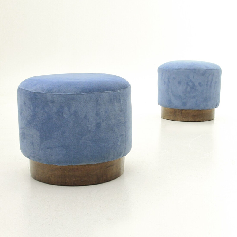 Set of 2 blue velvet ottomans - 1940s