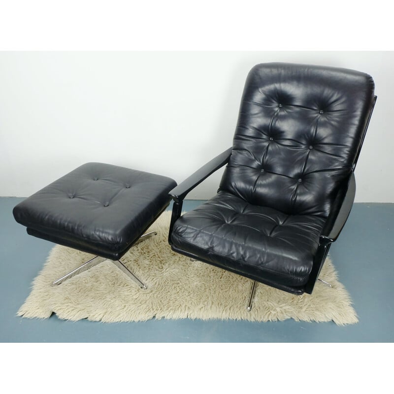 Lounge Armchair Leather with Ottoman Swivel - 1960s