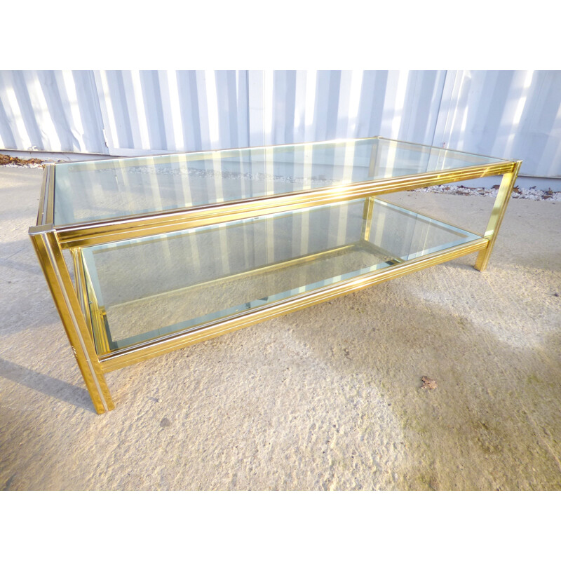 Vintage gold metal and glass coffee table - 1970s