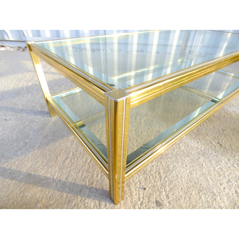 Table basse vintage en métal doré et verre - 1970