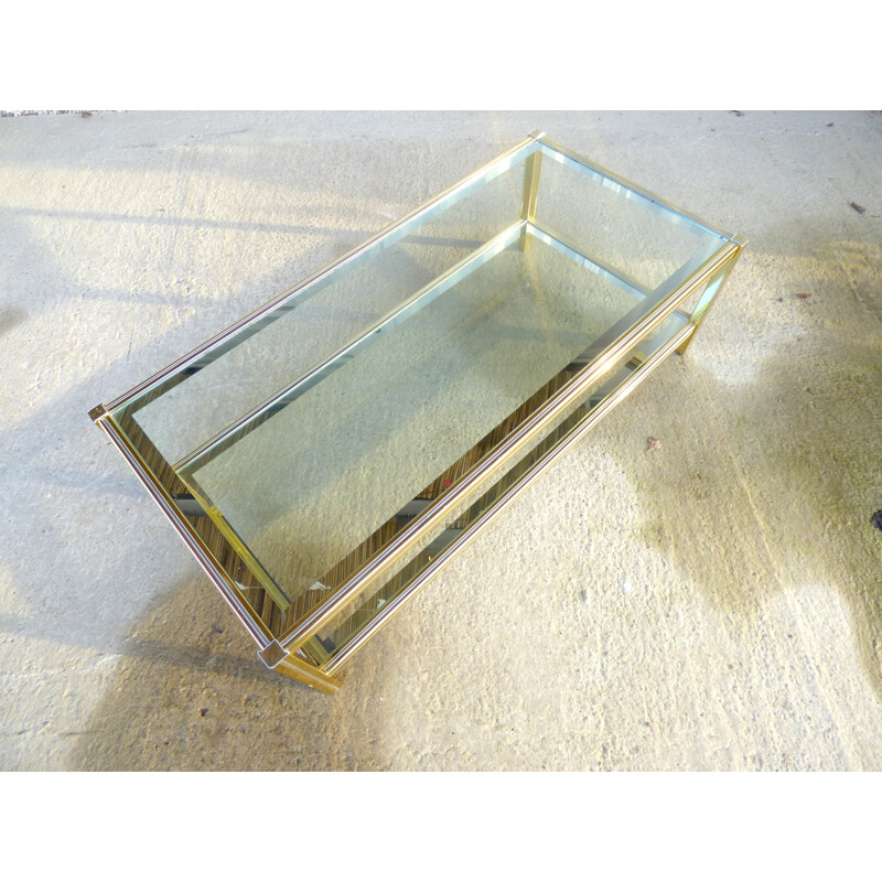 Table basse vintage en métal doré et verre - 1970