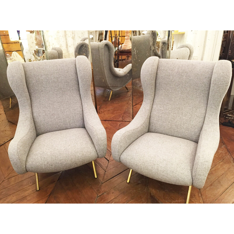 Pair of armchairs "Senor" in brass and grey Kvadrat fabric, Marco ZANUSO - 1950s 