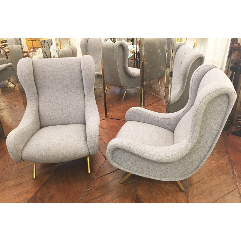 Pair of armchairs "Senor" in brass and grey Kvadrat fabric, Marco ZANUSO - 1950s 