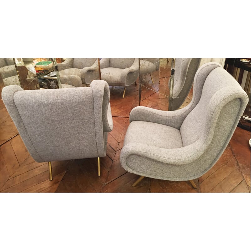 Paire de fauteuils "Senior" en laiton et tissu Kvadrat gris, Marco ZANUSO - années 50