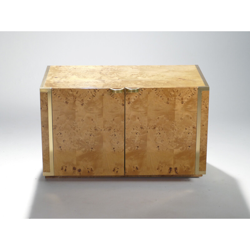 Paire de petits cabinets en bois loupe et laiton par JC Mahey pour Roche Bobois - 1970