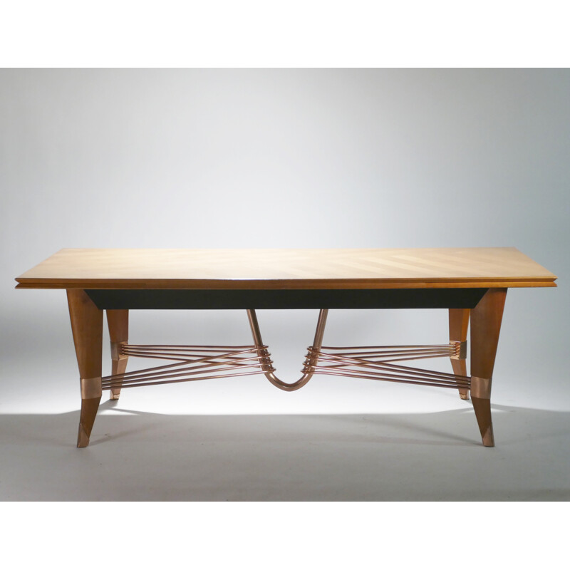 Grande table vintage en merisier et cuivre - 1950