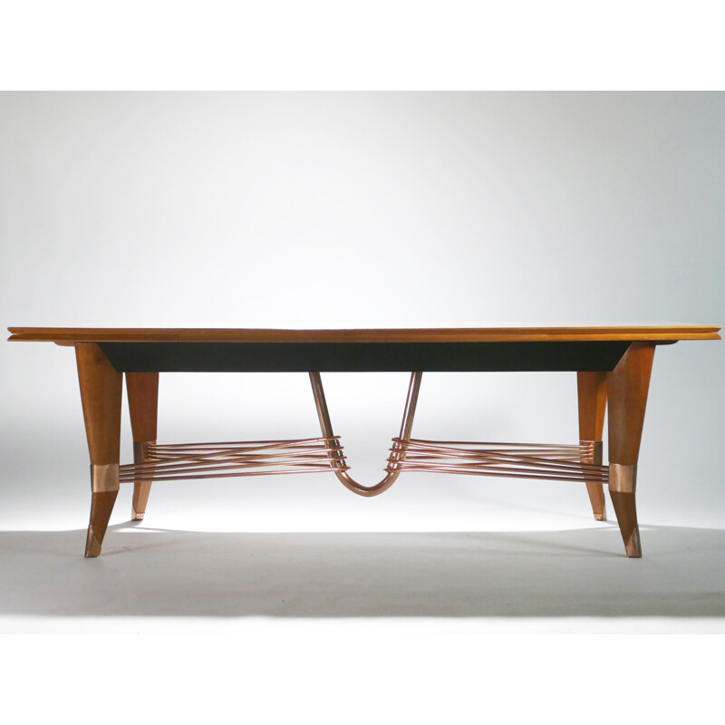 Grande table vintage en merisier et cuivre - 1950