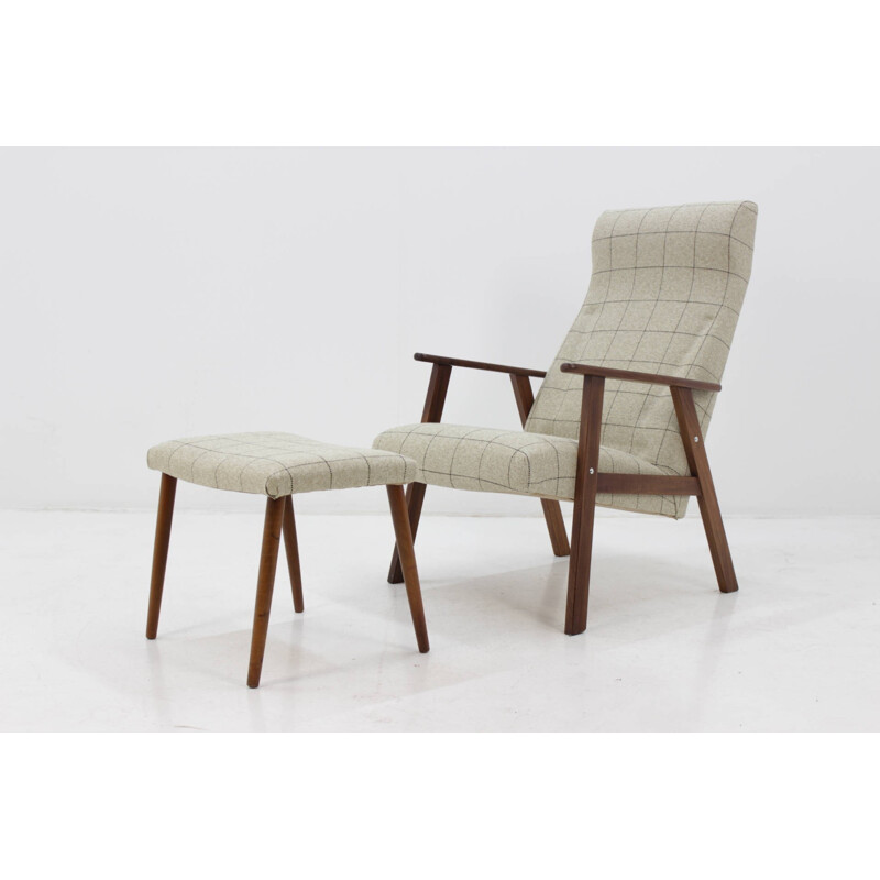 Fauteuil vintage scandinave en teck avec tabouret - 1960