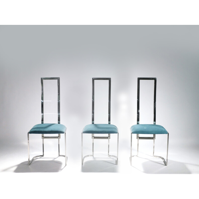 Conjunto de 6 cadeiras de metal vintage e plexiglass reupholstered, Itália 1970