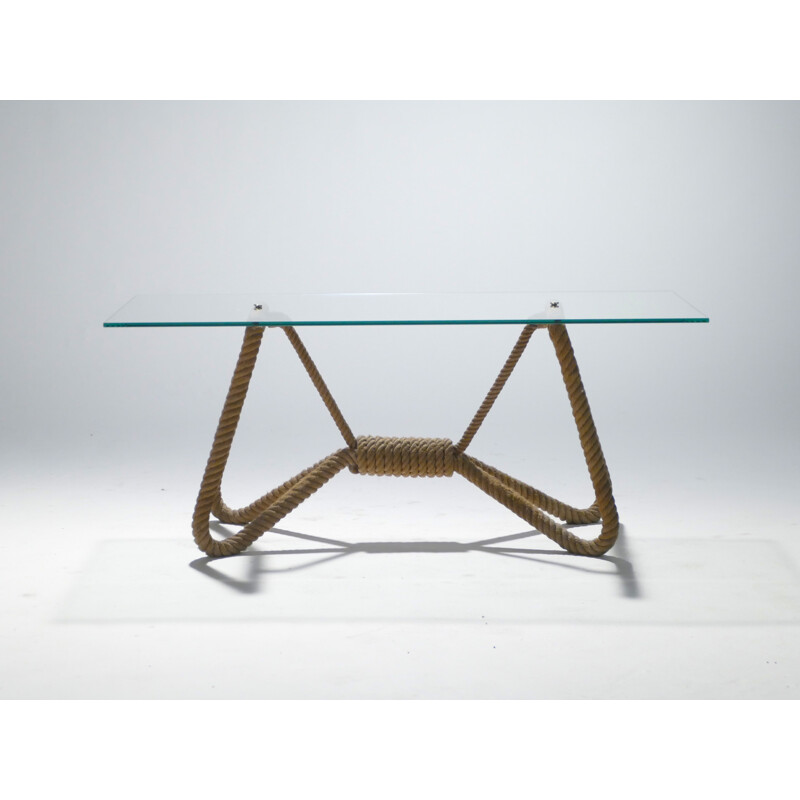 Table basse en corde verre et laiton par Adrien Audoux et Frida Minet - 1960