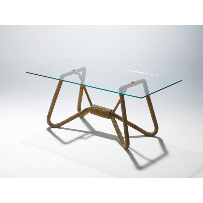 Table basse en corde verre et laiton par Adrien Audoux et Frida Minet - 1960