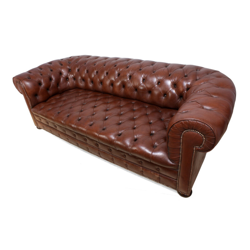 Chesterfield vintage brown leather sofa - 1960s