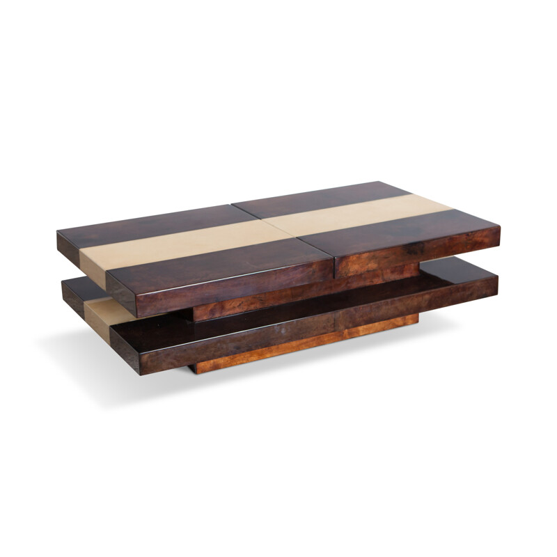 Two tier sliding coffee table with bar, Aldo Tura - 1970s