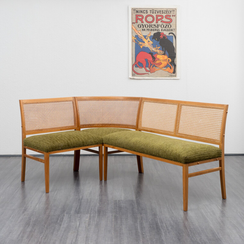 Corner bench in cherrywood with bast backrest - 1950s